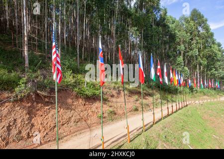 Compétition internationale de vélo VTT mtb avec des athlètes cyclistes drapeaux de douzaines de pays sur la piste de terre dans un lieu de sport en plein air rural. Banque D'Images