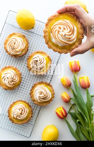 Une main tenant une tartelette au citron meringue avec plus de tartelettes dans la mise au point douce ci-dessous. Banque D'Images