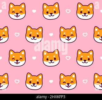 Joli motif chien Shiba Inu. Le chiot kawaii se retrouve sur fond rose avec des gribouillages en forme de cœur. Illustration vectorielle simple. Illustration de Vecteur