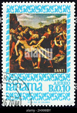 PANAMA - VERS 1967: Un timbre imprimé au Panama montre corps du Christ, peinture de Raphaël, peintre italien, vers 1967 Banque D'Images