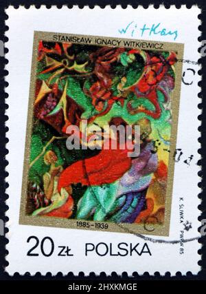 POLOGNE - VERS 1985: Un timbre imprimé en Pologne montre des compositions, peinture par Stanislaw Ignacy Witkiewicz, artiste polonais, vers 1985 Banque D'Images