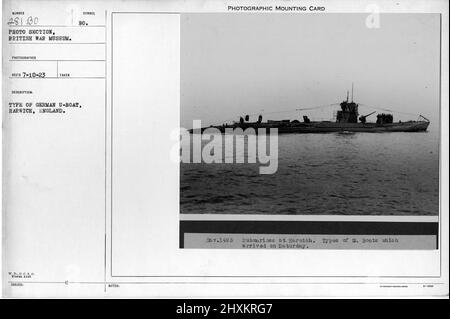 Type de U-boat allemand à Harwich, Angleterre. Collection de photographies de la première Guerre mondiale, 1914-1918 qui décrivent les activités militaires des forces armées et du personnel britanniques et d'autres nations pendant la première Guerre mondiale Banque D'Images