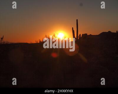 Images de coucher de soleil à Superstition Mountain en Arizona et dans les environs. Le soleil couchant baigne la zone dans des tons dorés de rouge. Banque D'Images