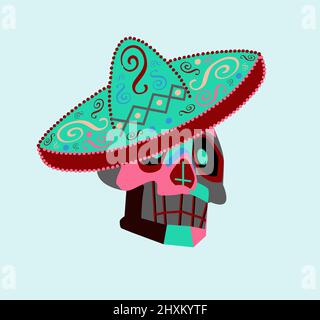 Crâne mexicain avec sombrero, détails ornement, coloré isolé sur le fond bleu. Jour des morts. Banque D'Images