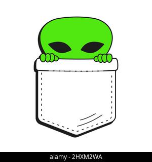 Adorable cache extraterrestre amusant dans un imprimé t-shirt de poche.motif vectoriel de dessin animé de style doodle avec logo en forme de trait.isolé sur fond blanc. Imprimé extraterrestre amusant pour un t-shirt de poche, concept de vêtement Illustration de Vecteur