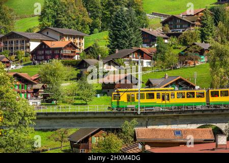 Lauterbrunnen, Suisse maisons alpines en bois dans le village des Alpes suisses en été et le train wengernalpbahn Banque D'Images