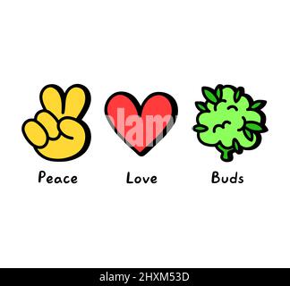 Peace,love,Buds concept print pour t-shirt.Vector bande dessinée dessin dessin animé dessin graphique dessin animé dessin animé.signe de paix, coeur, bourgeons imprimé pour poster,t-shirt,concept de logo Illustration de Vecteur