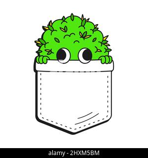 Adorable bourgeons en mauvaise herbe dans un imprimé t-shirt de poche.motif vectoriel de dessin animé de style « Doodle Line » logo illustration.isolé sur fond blanc. Imprimé marijuana drôle pour un t-shirt de poche, concept de vêtement Illustration de Vecteur