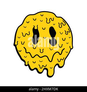 Drôle psychédélique surréaliste fondre sourire visage logo.Vector dessin animé personnage illustration logo.Smile jaune groovy visage fondre, acide, techno, trippy imprimé pour t-shirt, poster, carte concept Illustration de Vecteur