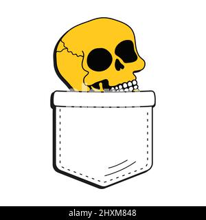 Imprimé t-shirt à motif tête de mort dans la poche.motif vectoriel de dessin animé de style Doodle avec logo en forme de trait.isolé sur fond blanc. Drôle d'imprimé têtes de mort vintage pour t-shirt de poche, concept de vêtements Illustration de Vecteur