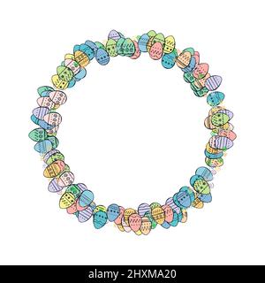 Motif Pâques avec œufs de dessin animé sur blanc. Œufs de pâques décoratifs de couleur avec ornements. Conception pour carte de vœux, publicité, promotion, poster, prospectus. Joyf Illustration de Vecteur