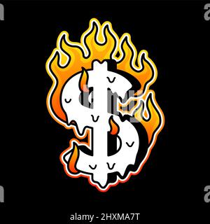 Symbole dollar brûlé dans l'imprimé de t-shirt de feu.dessin animé vecteur graphique illustration logo design.argent,dollar,feu imprimé pour poster,t-shirt,concept de logo Illustration de Vecteur