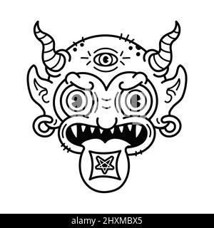 Diable avec une marque Acid lsd sur l'imprimé de la languette du t-shirt. Page de dessin vectoriel pour livre de coloriage. Démon,cornes,satan,trippy psychédélique diable,lsd acid print pour poster,t-shirt,logo concept Illustration de Vecteur