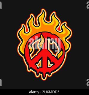 Symbole de paix brûler dans le feu t-shirt imprimé .dessin animé vecteur graphique illustration logo design.Trippy psychélic paix, feu imprimé pour poster, t-shirt, concept de logo Illustration de Vecteur