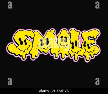 Souriez citation, Melt emoji visage imprimé pour t-shirt.Vector dessin main personnage dessin dessin animé illustration.Smile texte.drôle de trippy lettres, acide mode imprimé pour t-shirt, poster, logo art concept Illustration de Vecteur