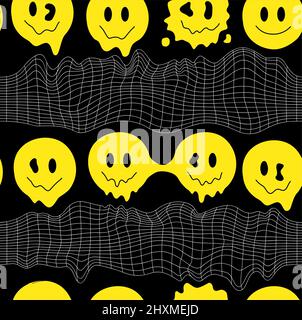 Drôle fou de faire fondre les visages sourire, grille de géométrie sans couture motif.Vector fou dessin animé illustration de personnage.Smile techno visages fusion acide, trippy, cellules, techno sans couture modèle papier peint concept d'impression Illustration de Vecteur