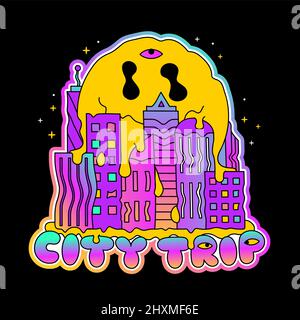 Visage souriant fondu et imprimé paysage de la grande ville. Devis de voyage en ville. Illustration vectorielle dessinée à la main. Faire fondre visage sourire, ville, voyage, trippy, lsd, acide impression pour t-shirt, poster, autocollant, concept de logo Illustration de Vecteur