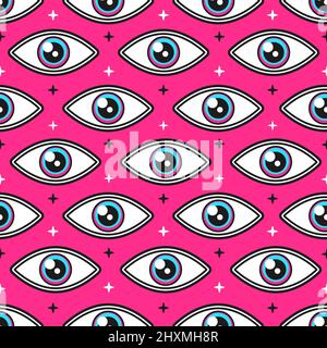 Motif yeux rouges sans coutures. Illustration d'arrière-plan de dessin animé de style Doodle à dessin manuel vectoriel. Concept d'impression de papier peint à motif transparent pour les yeux psychédéliques trippy Illustration de Vecteur