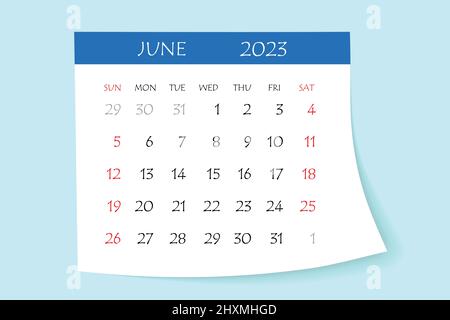 Calendrier de juin 2023. Semaine d'affaires. Modèle de mise en page, 12 mois par an, fond blanc. Conception simple pour les brochures, prospectus et imprimés professionnels Illustration de Vecteur