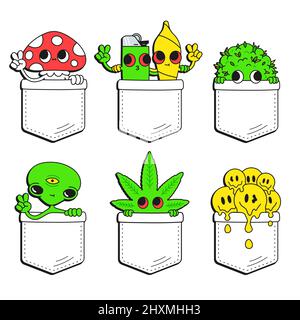 Jolis personnages tripgeux dans un imprimé t-shirt de poche.motif vectoriel de dessin animé de style doodle avec logo de personnage.isolé sur fond blanc. Imprimé vintage amusant pour un t-shirt de poche, concept de vêtement Illustration de Vecteur