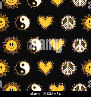 Yin Yang, signe hippie de paix, soleil sans couture motif.Vector dessin main dessin de personnage illustration.Yin Yang, sourire visage soleil, coeur, amour hippie paix symbole,boho,60s,70s sans couture motif papier peint imprimé Illustration de Vecteur