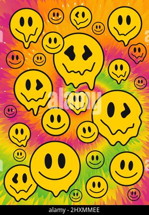 Crazy Melt sourit visages, sourit de cravate vertical arrière-plan.Vector tie teye Crazy caricature de personnage illustration.Smile hippie visages,60s acide de fusion,trippy,tiedye backgroun,motif,papier peint concept d'impression Illustration de Vecteur