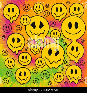 Crazy Melt sourit visages, soute de cravate arrière-plan.Vector tie teye dessin animé dessin de personnage.Smile visages,60s acide de fusion,trippy,tiedye backgroun,motif,papier peint concept d'impression Illustration de Vecteur