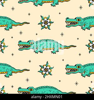 Crocodile et fleurs style rétro sans couture motif .Vector dessin animé graphique illustration papier peint fond design.Crocodile, alligator, fleur, Old School tatouage traditionnel, imprimer sans couture dessin Illustration de Vecteur