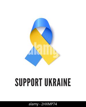 Ukraine drapeau couleurs ruban de sensibilisation avec texte support Ukraine. Illustration vectorielle réaliste du ruban bleu et jaune Illustration de Vecteur