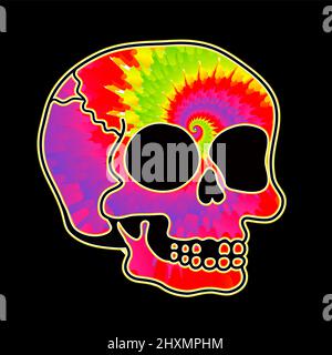 Teinture de cravate psychédélique surréaliste crâne.vecteur tiedye dessin animé personnage illustration logo.Skull teinture de cravate fondre,acide,techno,trippy imprimé pour t-shirt,poster,concept de carte Illustration de Vecteur