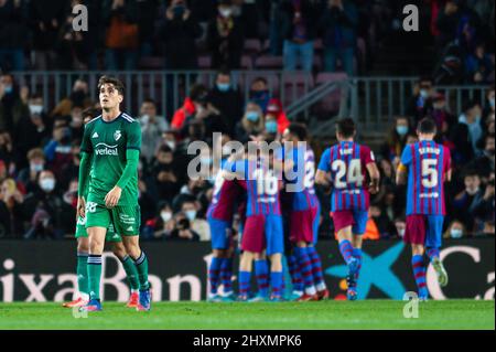 Barcelone, Espagne. 13th mars 2022. La Liga Espagnol le match de football de la Liga FC Barcelone contre Osasuna au stade Camp Nou, Barcelone 13 mars 2022. Aubameyang fêtez un but avec les joueurs de Barcelone 900/Cordone Press Credit: CORDONE PRESS/Alamy Live News Banque D'Images