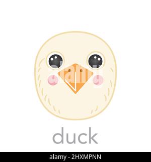 Canard mignon portrait avec le nom texte sourire tête dessin animé forme ronde avatar oiseau visage animal, isolé vecteur icônes illustrations sur fond blanc. Affiche, cartes, t-shirts Flat simple for UI App pour enfants Illustration de Vecteur