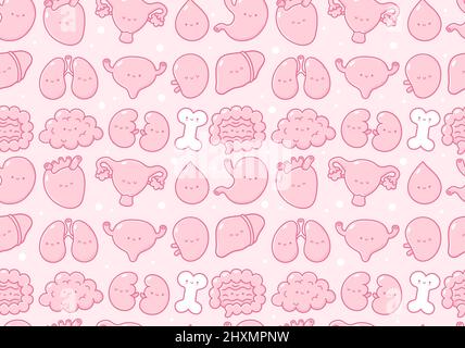 Joli motif sans coutures pour les organes humains. Illustration de caractères de dessin animé de ligne vectorielle kawaii icon.Bone,estomac,coeur,utérus,sang,foie,poumons,vessie,splee,intestin,reins modèle sans couture Illustration de Vecteur