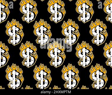 Symbole dollar brûlé dans le feu modèle sans couture .Vector dessin animé graphique illustration fond d'écran design.Dollar, argent brûlé, feu imprimer modèle sans couture Illustration de Vecteur