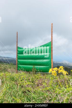 Récolte de nuages, filets de capture de brouillard, filets utilisés pour recueillir l'eau des nuages bas/brouillard/brouillard dans les montagnes de Gran Canaria, îles Canaries, Espagne Banque D'Images