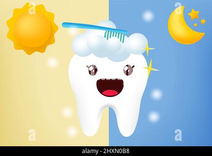 Brosse à dents emoji caractères vecteur. Dents de jour et de nuit brossant une hygiène molaire saine avec une émoticône dentaire saine et protégée. Illustration de Vecteur