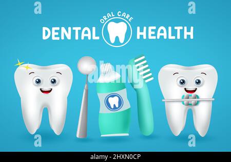 Santé dentaire emoji vecteur conception. Texte sur la santé dentaire avec des caractères d'émoticône dentaire, du dentifrice et des éléments de brosse à dents pour des soins d'hygiène bucco-dentaire sains. Illustration de Vecteur