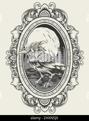 Illustration vecteur oiseau Crow avec ornement gravure vintage Illustration de Vecteur