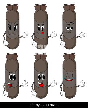 Affiche « bombe faisant le pouce ». Missile, explosif comme personnage de dessin animé drôle. Guerre, concept militaire. Illustration de Vecteur