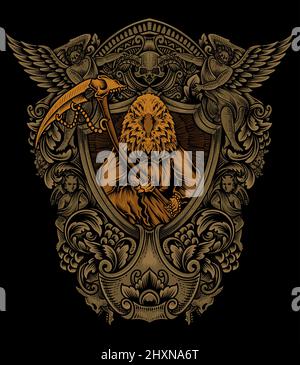 illustration aigle mort ange avec ornement gravure vintage Illustration de Vecteur