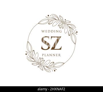 SZ lettre initiale mariage monogramme logos collection, dessin à la main moderne minimaliste et modèles floraux pour cartes d'invitation, Save the Date, élégant Illustration de Vecteur