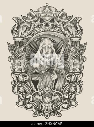 illustration de la mort ange femme avec gravure ornement style Illustration de Vecteur