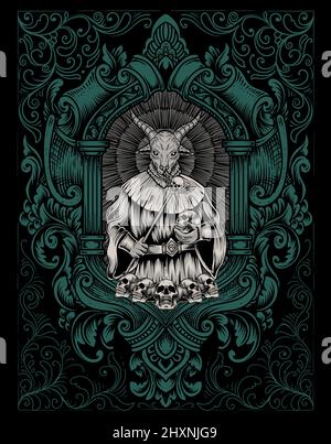 illustration effrayante baphomet sur cadre de gravure d'ornement Illustration de Vecteur