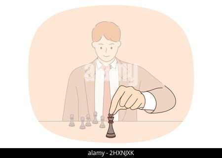 Un jeune homme intelligent s'assoit au bureau pour jouer aux échecs. Homme d'affaires confiant engagé dans un jeu de société, bougez avec la pièce. Concept de solution de problème. Logique et intelligence. Stratégie commerciale. Illustration vectorielle. Illustration de Vecteur