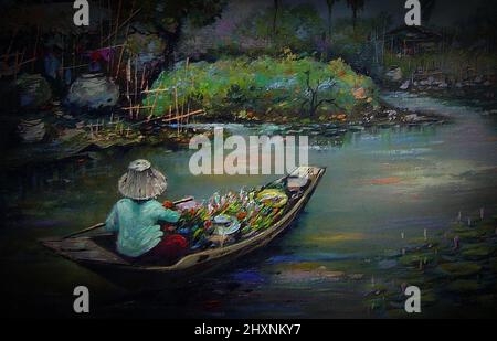 Peinture d'art couleur d'huile ciel nord-est de la Thaïlande campagne , agronome , vie rurale , thaï rural Banque D'Images