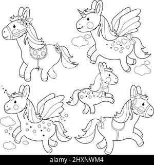 Des poneys et des licornes mignons. Page de couleur noire et blanche vectorielle Illustration de Vecteur