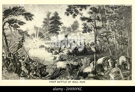 La première bataille de Bull Run (nom utilisé par les forces de l'Union), également connue sous le nom de la bataille des premiers Manassas (nom utilisé par les forces confédérées), a été la première bataille majeure de la guerre civile américaine. La bataille a été menée le 21 juillet 1861, dans le comté de Prince William, en Virginie, juste au nord de la ville de Manassas et à environ 30 miles à l'ouest-sud-ouest de Washington, D.C. les forces de l'Union ont été lentes à se positionner, permettant aux renforts confédérés d'arriver par chemin de fer. Chaque camp avait environ 18 000 soldats mal entraînés et mal dirigés dans leur première bataille. C'était une victoire confédérée, foll Banque D'Images