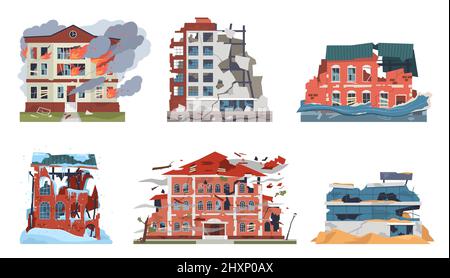 Les bâtiments sont endommagés par des catastrophes. Différentes catastrophes naturelles, brisures de maisons destructrices de ville façades, tremblement de terre, inondation et gel, feu ou guerre, brisés Illustration de Vecteur
