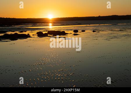 Un coucher de soleil doré sur Red Wharf Bay sur l'île d'Anglesey à marée basse. Les courants de marée et d'eau ont laissé un modèle de ondulations de sable sur la plage Banque D'Images