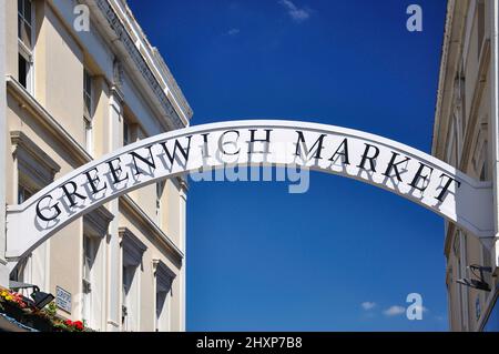 Panneau d'entrée, Greenwich Market, Durnford St, Greenwich, London Borough of Greenwich, Greater London, Angleterre, Royaume-Uni Banque D'Images